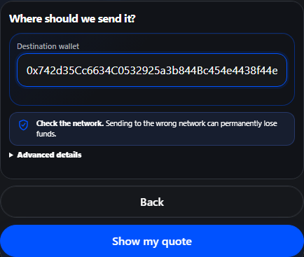 GlobalSwap Step 2 wallet screen