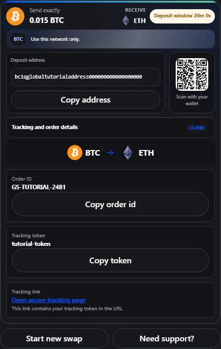 GlobalSwap Step 4 deposit and tracking screen
