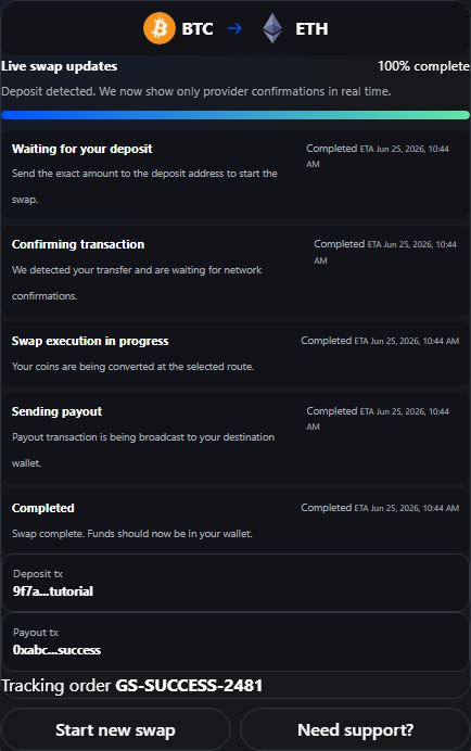 GlobalSwap completed swap success screen